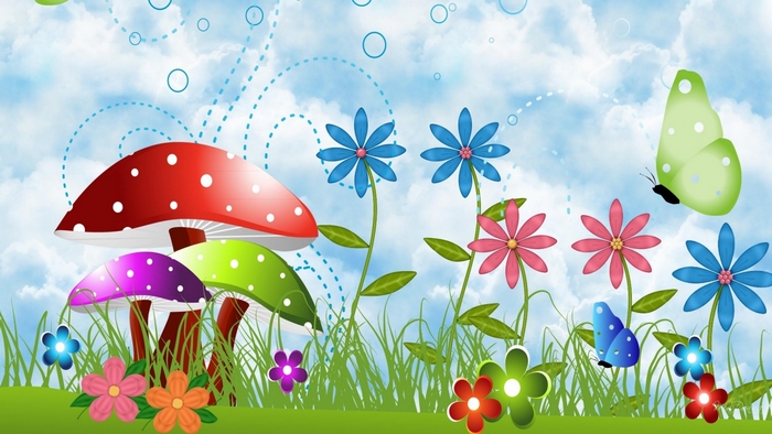 Spring fantasy landscape with mushrooms and butterflies