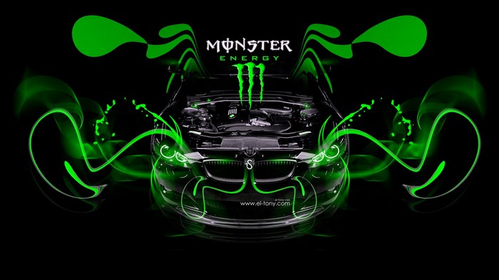 Monster Energy BMW car with green accents