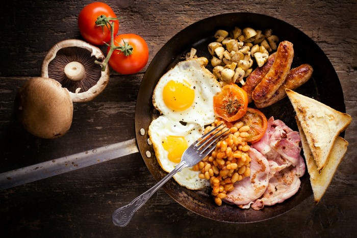 Full English Breakfast in a pan with tomatoes and mushrooms