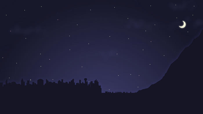 Night sky over city and mountain with crescent moon
