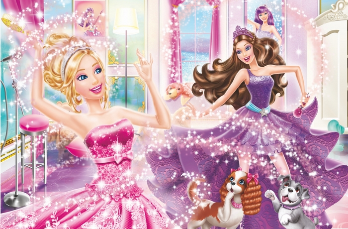 Barbie in Elegant Pink and Purple Gowns with Pets