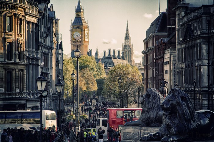 Big Ben and Trafalgar Square Lions, London