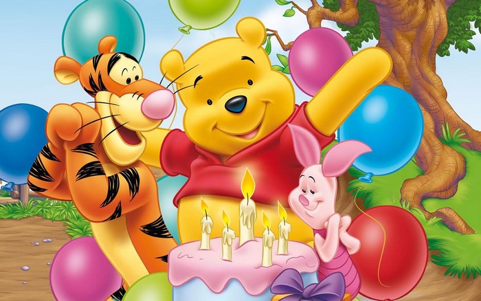 Winnie the Pooh, Tigger, and Piglet with a birthday cake