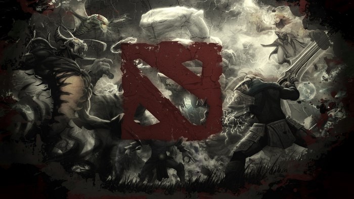 Dota 2 logo with characters in battle