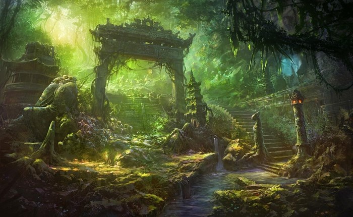 Ancient jungle ruins with overgrown archway and stairs