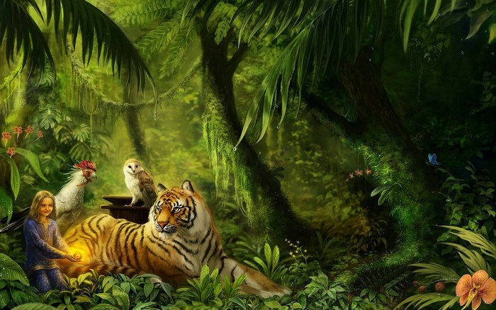 Tiger, owl, chicken, and girl in jungle