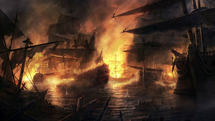Pirate ships in a fiery naval battle