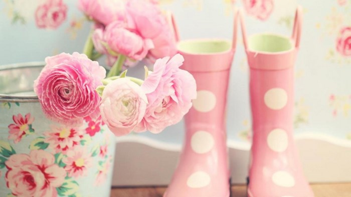 Pink flowers in a vintage bucket with pink polka dot boots