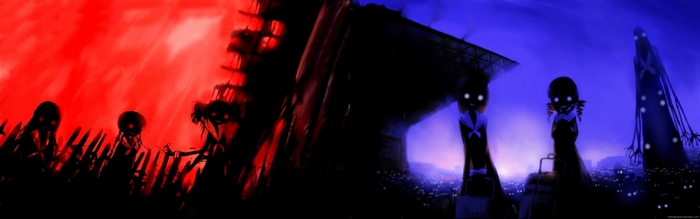 Two contrasting scenes with shadowy figures