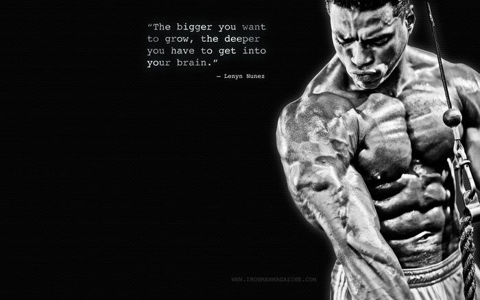 Bodybuilder with quote about brain growth