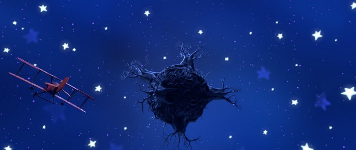 The Little Prince airplane and floating island in starry sky
