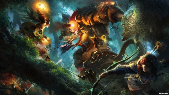 Fantasy battle with giant monster and warriors