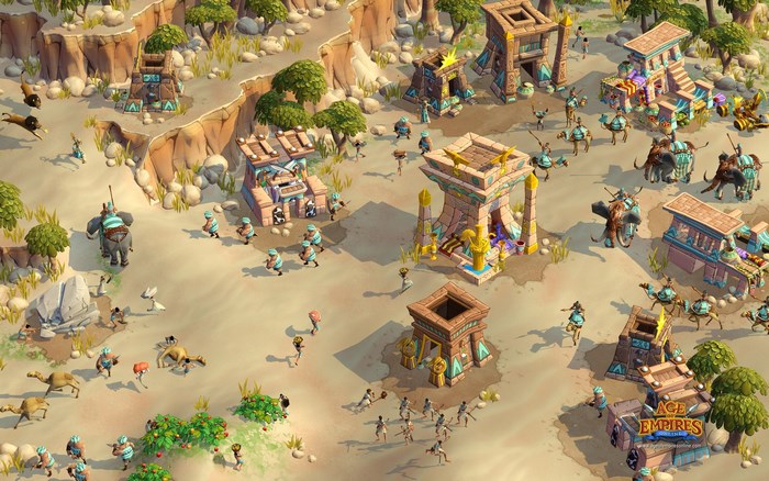 Age of Empires Online desert settlement with units and animals