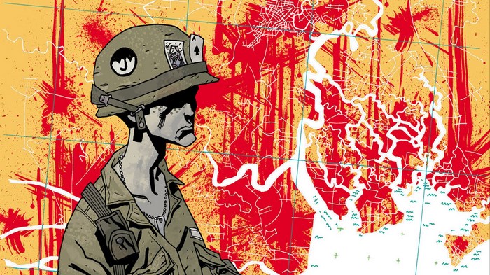 Soldier with cards on helmet against map background