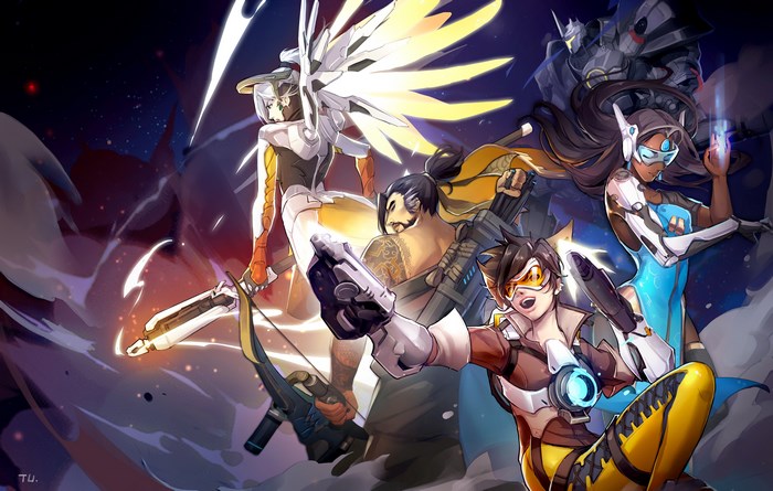 Overwatch characters Mercy, Hanzo, Symmetra, and Tracer