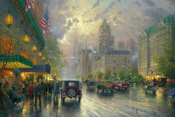 New York City street scene with vintage cars and buildings