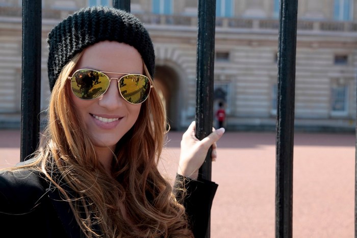 Jordan Carver wearing sunglasses and beanie