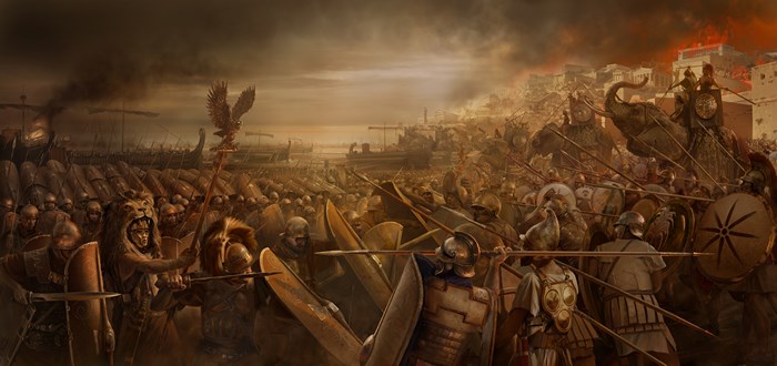 Battle scene from Total War: Rome II with elephants and soldiers