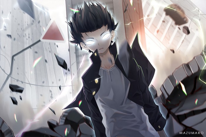 Mob from Mob Psycho 100 with glowing eyes