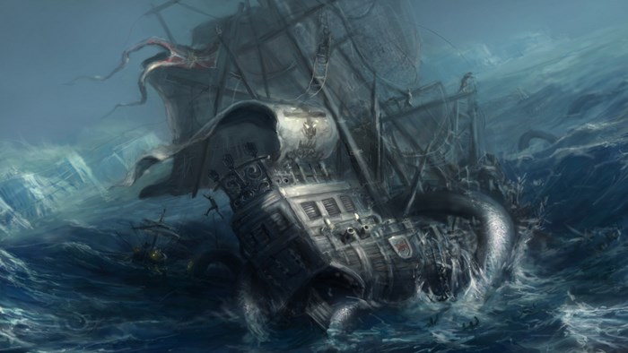 Kraken attacking a ship in a stormy sea