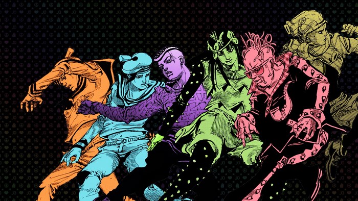 JoJo's Bizarre Adventure characters in colorful art style
