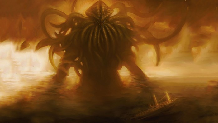 Cthulhu emerging from the sea near a sinking ship