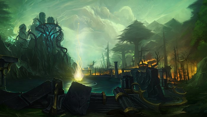 World of Warcraft landscape with ruins and magical energy