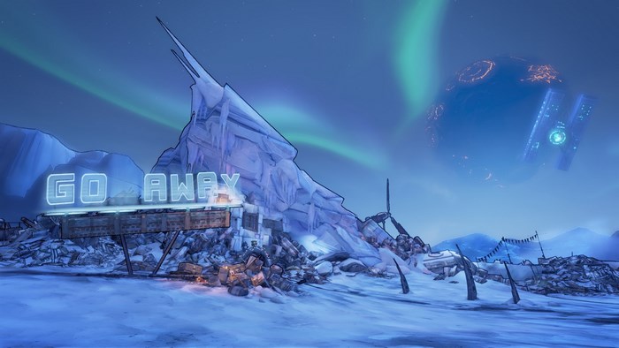 Borderlands 2: "GO AWAY" sign in snowy landscape with aurora