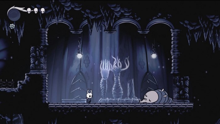 Hollow Knight characters in a dark, ornate chamber