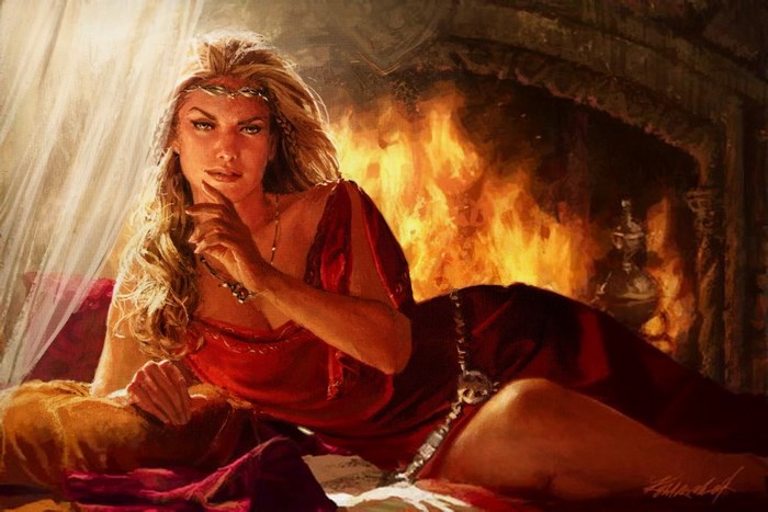 Woman in red dress by fireplace from A Song of Ice and Fire