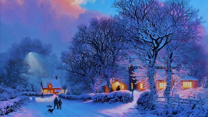 Peaceful Winter Evening in Snowy Village