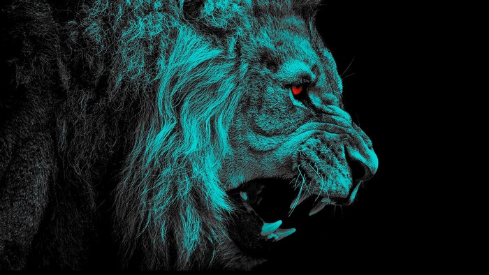 Fierce Lion Roaring with Blue Mane and Red Eye
