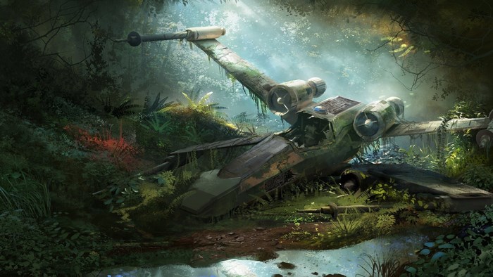 Star Wars X-Wing Fighter crashed in a jungle