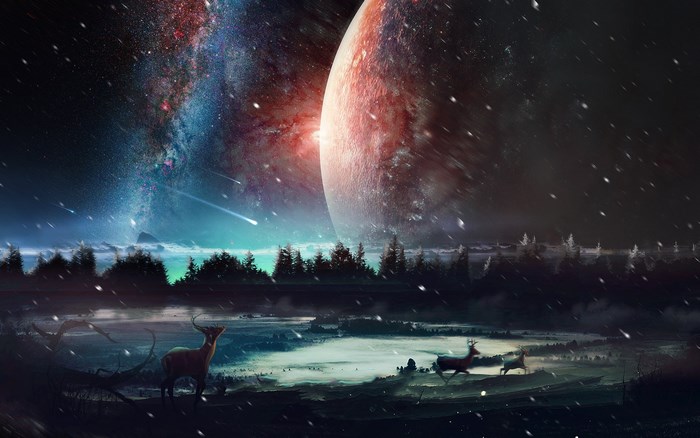 Deer in a snowy landscape with a galaxy and planets