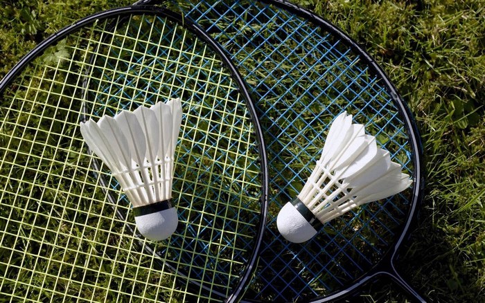 Two badminton rackets and shuttlecocks on grass