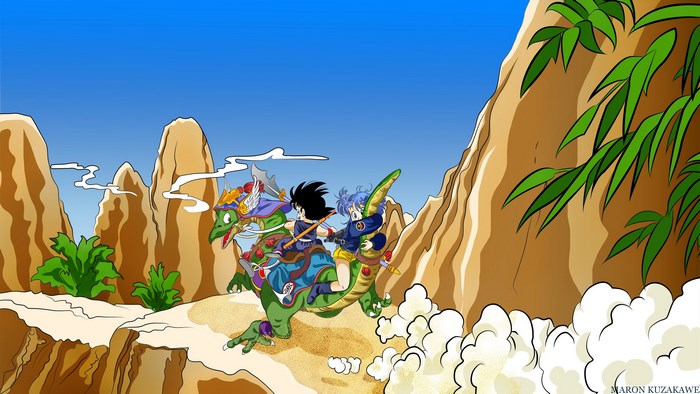 Goku and Bulma riding a dragon in Dragon Ball Z