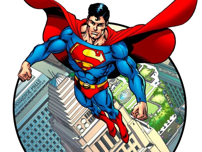 Superman flying over Metropolis