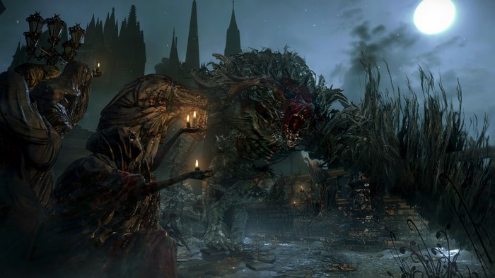 Creature and figures in Bloodborne at night