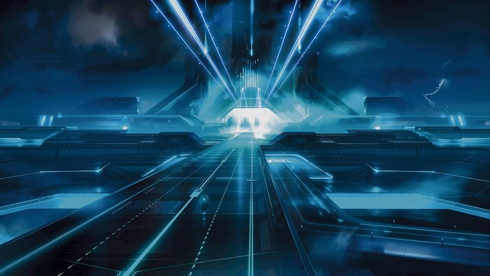 Tron Legacy digital cityscape with light cycles