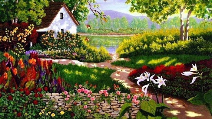 Spring garden with a house and a lake