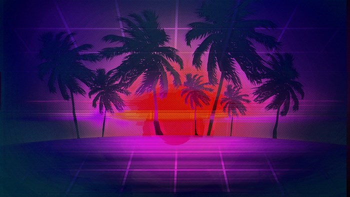 Retro Sunset with Palm Trees and Grid