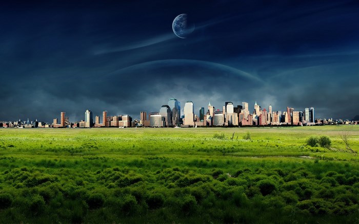 Cityscape with Moon and Green Field