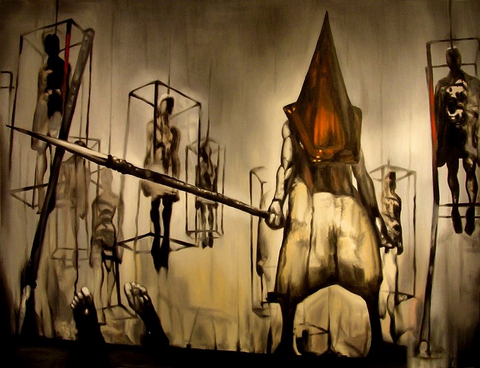 Pyramid Head and figures in cages from Silent Hill