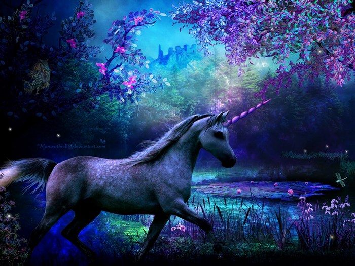 Unicorn in a magical forest with a castle