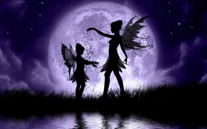 Two fairies silhouetted against a large moon