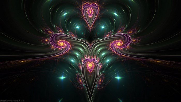 Fractal art with purple and green hearts