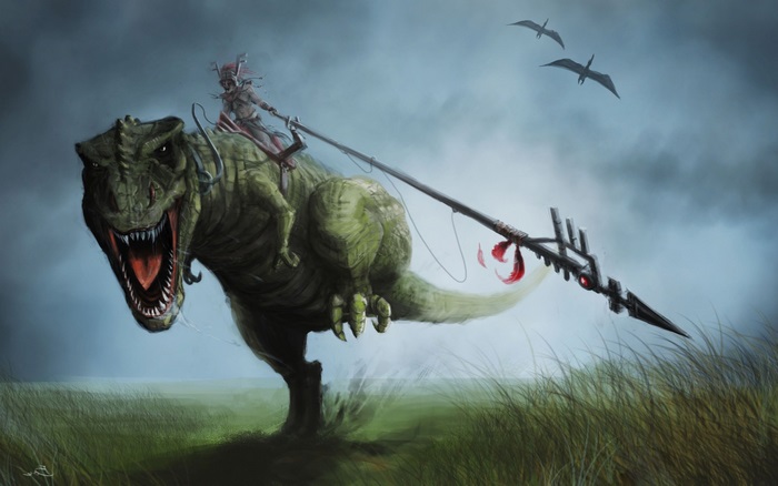 Rider on a Tyrannosaurus Rex with a spear