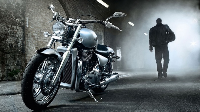 Motorcycle and Man in Foggy Alley