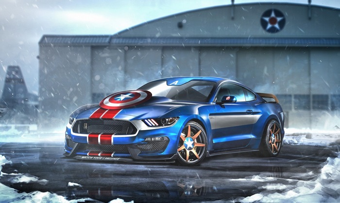 Captain America themed Ford Mustang in front of hangar