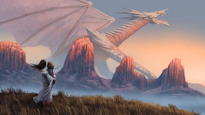 Mother and child watch a dragon in a canyon